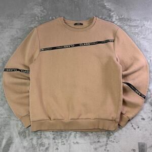 Cavalli Class Black Tape Logo Spellout Camel Brush Crewneck Sweater Size Large